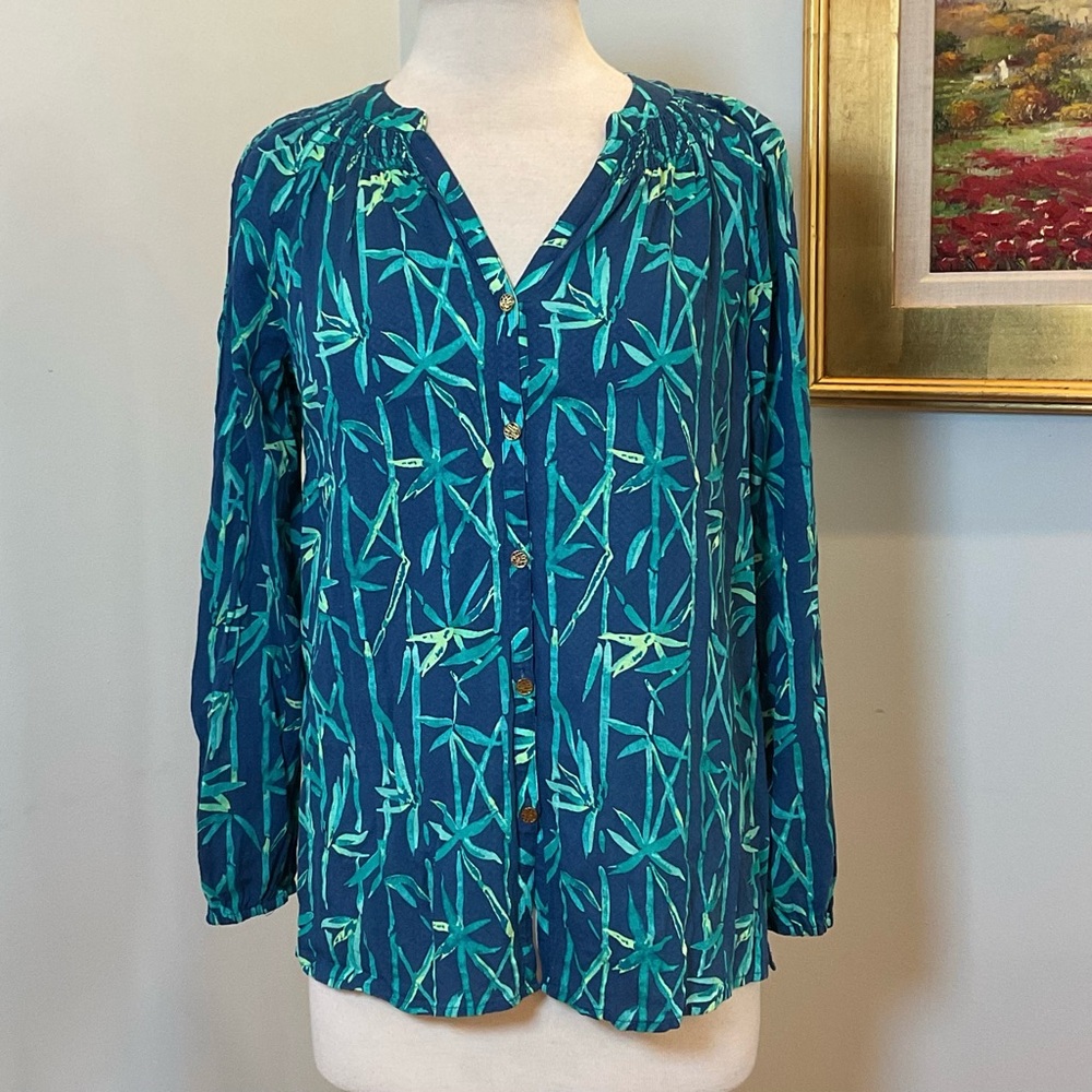 Lilly Pulitzer Blue Green Bamboo Print Button Front Blouse